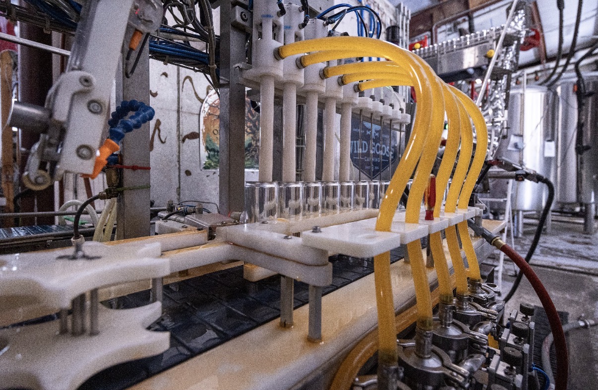 Unbranded aluminum cans on the beverage filling line